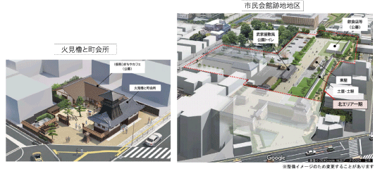 火の見櫓と町会所の３D図、市民会館跡地地区の３D図